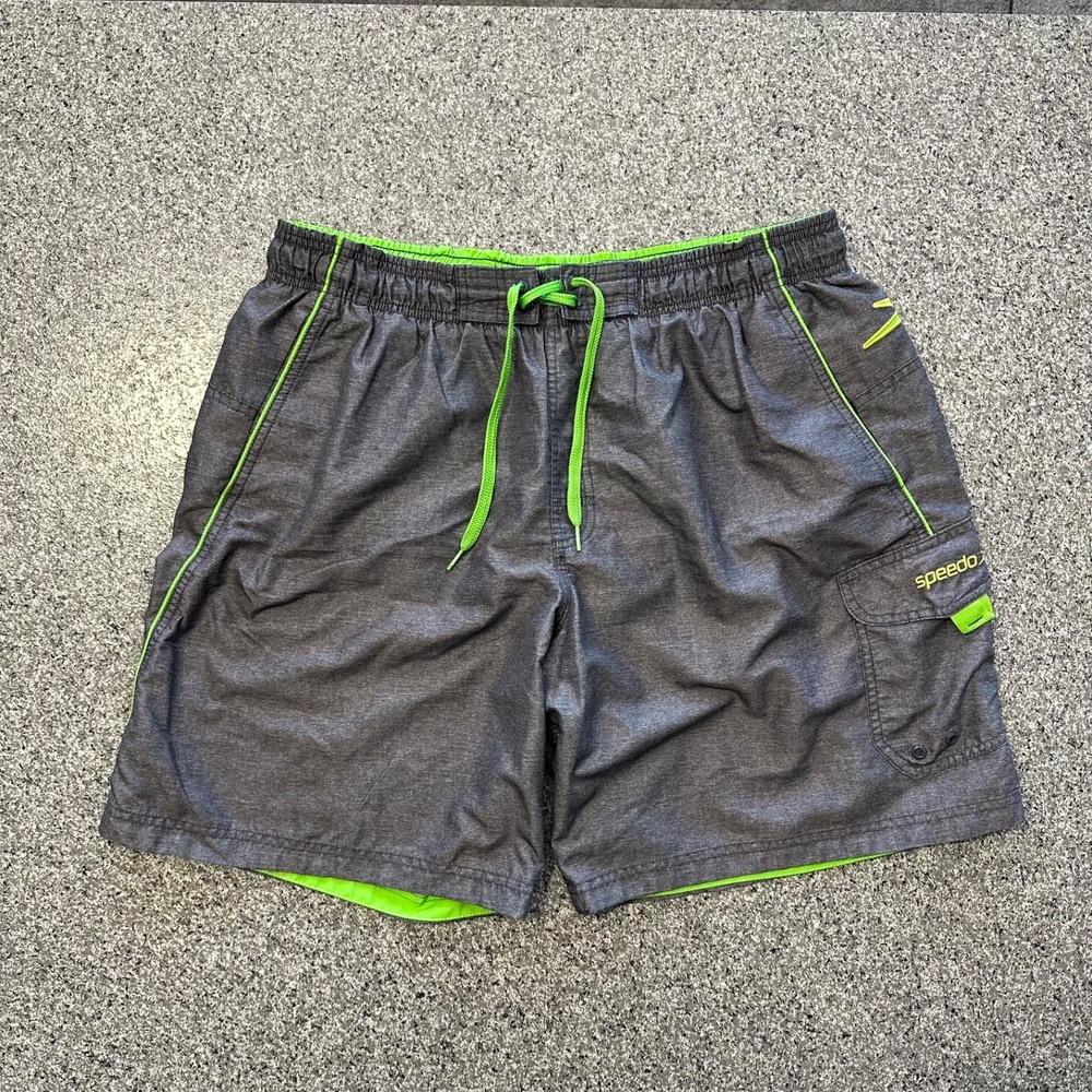 Speedo Marina Volley Swim Trunks Mens L Shorts Grey Lime Green Cargo Pocket 19"